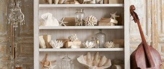 Marine decorations on the shelves of the kitchen cupboard